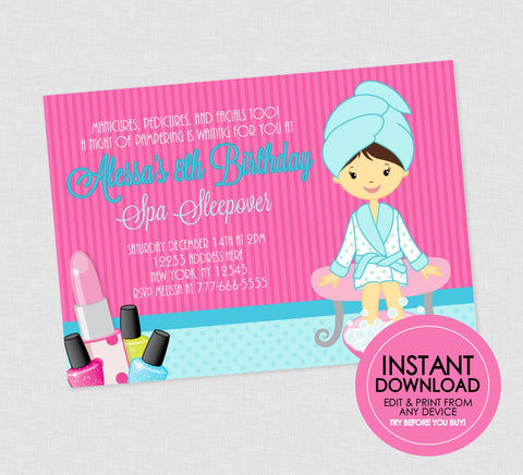 Spa Birthday Party Invites  - EDITABLE INSTANT DOWNLOAD - Spa Sleepover Invitations, Spa Birthday Party, Girl Spa Birthday Invite, Makeover