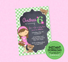 Teddy Bear Picnic Birthday Invitation - EDITABLE INSTANT DOWNLOAD - Birthday, Teddy Bear Picnic Party Invites, Picnic Party, Green, Pink