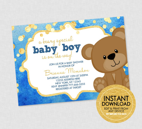 Teddy Bear Baby Shower Invitation - EDITABLE INSTANT DOWNLOAD - Watercolor Blue & Gold, Teddy Bear Shower Invite, Blue, Gold, Glitter