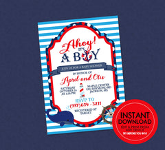 Nautical Baby Shower Invitation - EDITABLE INSTANT DOWNLOAD - Nautical Shower Invite, Little Sailor, Ahoy It's A Boy, Nautical Baby Shower