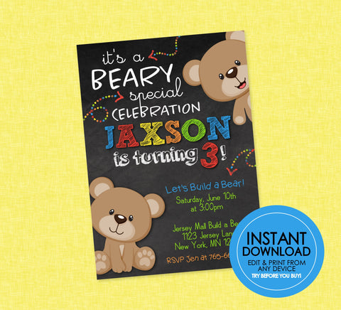 Teddy Bear Birthday Invitation - EDITABLE INSTANT DOWNLOAD - Bear Birthday Invitations, Teddy Bear Party, Great For Build A Bear Parties