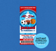 Sports All Star Ticket Invite - EDITABLE INSTANT DOWNLOAD - Sports Birthday Invitation, Sport Party Invites, Baseball, Football, Basketball