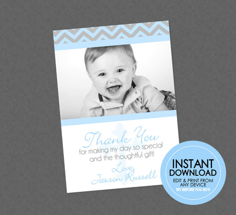 Religious Photo Thank You Card - EDITABLE INSTANT DOWNLOAD - Baptism, Christening, First Communion, Confirmation, Thank You Notes, Boy, Blue