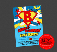 Superhero Birthday Invites  - EDITABLE INSTANT DOWNLOAD - Superhero Party Invitation, Superhero Emblem Invite, Comic Superhero, Boom, Pow