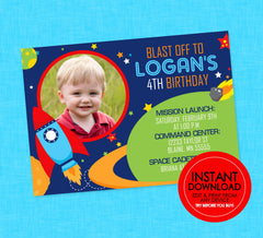 Space Photo Birthday Invitation - EDITABLE INSTANT DOWNLOAD - Outer Space Party Invite, Rocket Birthday Invites, Space Birthday, Picture