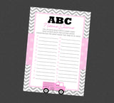 Pink Firetruck ABC Baby Names Shower Game - INSTANT DOWNLOAD - Girl Firetruck Baby Shower Games, Baby Name Game, Fire Engine, Firefighter