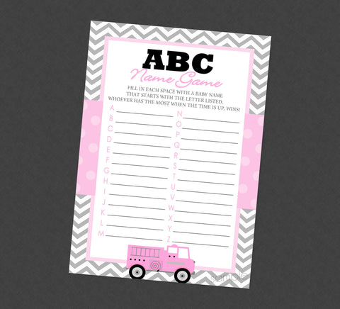 Pink Firetruck ABC Baby Names Shower Game - INSTANT DOWNLOAD - Girl Firetruck Baby Shower Games, Baby Name Game, Fire Engine, Firefighter