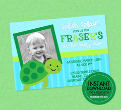 Turtle Photo Birthday Invitation - EDITABLE INSTANT DOWNLOAD - Under The Sea Birthday Invite, Turtle Birthday, Turtle Picture Invites