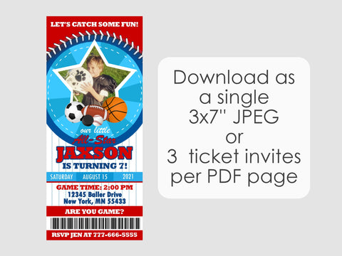 Sports Photo Ticket Invite - EDITABLE INSTANT DOWNLOAD - Sports Birthday Invitation, Sport Ticket Party Invites, Sports Birthday, All Star