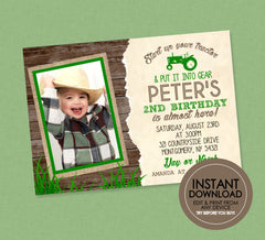 Tractor Birthday Invitation - EDITABLE INSTANT DOWNLOAD - Tractor Photo Birthday Invites, Tractor Picture Invite, Green Vintage Tractor