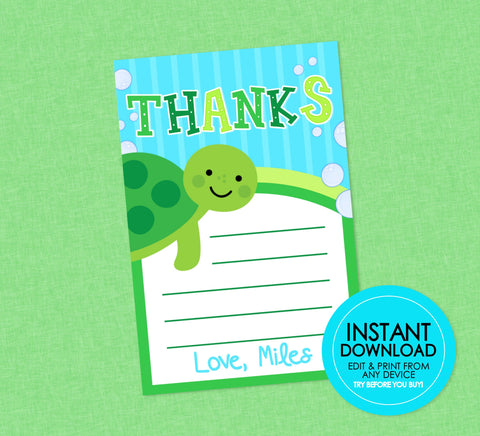 Turtle Birthday Thank You - EDITABLE INSTANT DOWNLOAD - Turtle Thank You Card, Under The Sea, Thank You Notes, Turtle Birthday