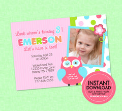 Owl Photo Birthday Invitation - EDITABLE INSTANT DOWNLOAD - Owl Birthday Invites, Owl Party Invitations, Girl, Owl Picture Invite