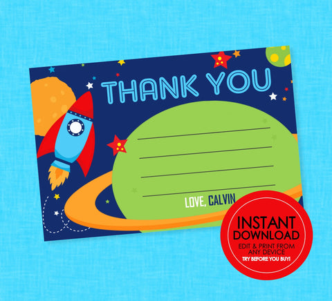 Space Birthday Thank You - EDITABLE INSTANT DOWNLOAD - Outer Space Thank You Notes, Rocket Ship Thank You Card, Space Party