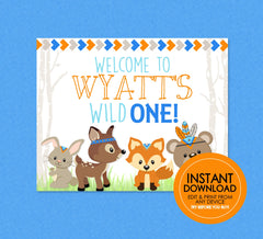 Woodland Party Sign - EDITABLE INSTANT DOWNLOAD - Woodland Welcome Sign, Wild One, 1st Birthday, Woodlands, Fox, Forest Animals, Deer, Bear