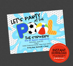 Soccer Pool Party Invitation - EDITABLE INSTANT DOWNLOAD - Soccer Pool Party, Soccer Team, End of Year Sports Pool Party Invite