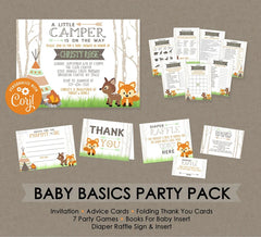 Woodland Camper Baby Basics Party Pack - INSTANT DOWNLOAD - Invite, Advice Card, Shower Games, Diaper Raffle, Thank You, Books For Baby