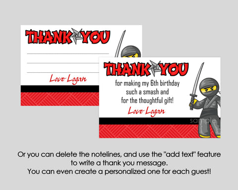 Ninja Birthday Thank You - EDITABLE INSTANT DOWNLOAD - Ninja Thank You Notes, Ninja Thank You Card, Ninja Birthday, Cards