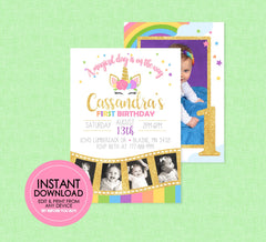 Rainbow Unicorn Photo Birthday Invitation - EDITABLE INSTANT DOWNLOAD - Unicorn Birthday Invite, Unicorn Picture Invites, Unicorn Face