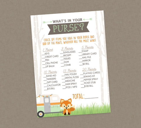 RV Camper What's In Your Purse Shower Game - INSTANT DOWNLOAD - Woodland Baby Shower Games, Purse Game, Rv Camper, Green, Camper, Fox