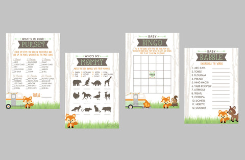 RV Camper Baby Shower Game Pack - INSTANT DOWNLOAD - Woodland Baby Shower Games, Rv Camper, Forest Animals, Camping, Fox, Deer