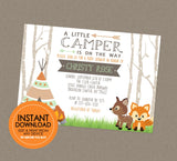 Woodland Baby Shower Invitation - EDITABLE INSTANT DOWNLOAD - Little Camper Shower Invite, Woodland Baby Shower, Forest Animals, Teepee, Fox