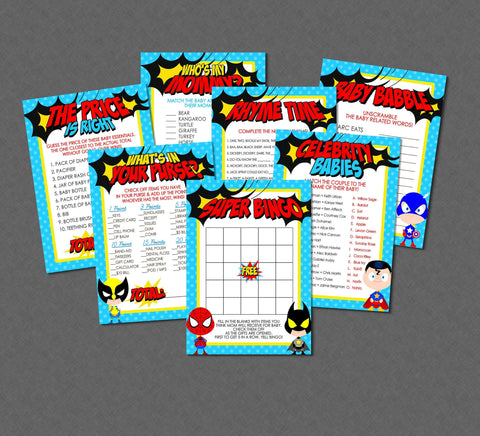 Superhero Baby Shower Game Pack - INSTANT DOWNLOAD - Super Hero Shower Games, Superhero Baby Shower, Bingo, Price Is Right & More