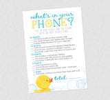 Rubber Duck What's In Your Phone Shower Game - INSTANT DOWNLOAD - Duck Baby Shower Games, Ducky, Whats In Your Phone Game, Duckie