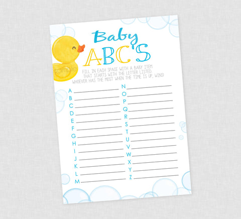 Rubber Duck ABC Baby Items Shower Game - INSTANT DOWNLOAD - Duck Baby Shower Games, Baby Abc Game, Rubber Duckie, Ducky Baby Shower