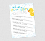 Rubber Duck Who Knows Mommy Best Shower Game - INSTANT DOWNLOAD - Duck Baby Shower Games, Who Knows Mom Best, Rubber Ducky Baby Shower