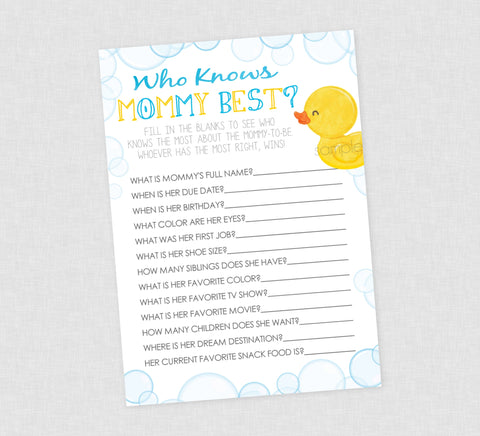 Rubber Duck Who Knows Mommy Best Shower Game - INSTANT DOWNLOAD - Duck Baby Shower Games, Who Knows Mom Best, Rubber Ducky Baby Shower