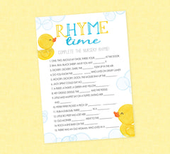 Rubber Duck Nursery Rhyme Shower Game - INSTANT DOWNLOAD - Duck Baby Shower Games, Rubber Ducky, Nursery Rhymes Party Game, Duckie