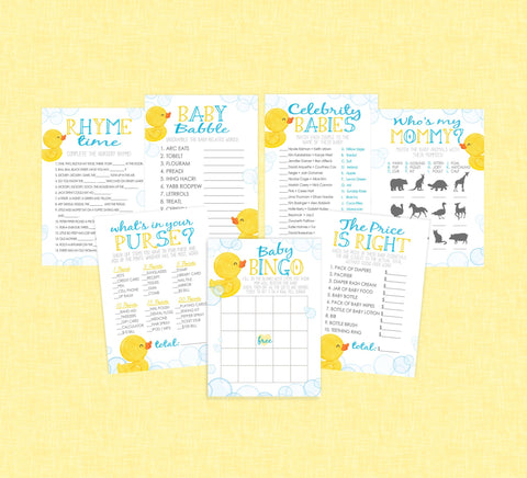 Rubber Duck Printable Baby Shower Games Party Pack of 7 + Answer Keys - INSTANT DOWNLOAD - Duck Baby Shower, Duckie Baby Shower Games, Ducky