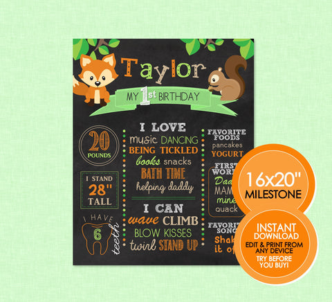 Woodland Birthday Milestone Chalkboard - EDITABLE INSTANT DOWNLOAD - Forest Animals, Birthday Chalkboard, Woodland Birthday, Poster, Fox