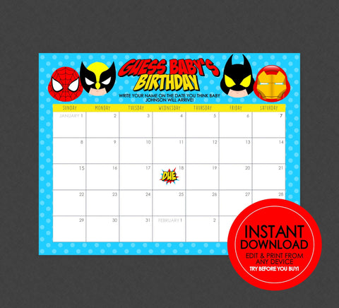 Superhero Guess Baby's Birthday Shower Game - EDITABLE INSTANT DOWNLOAD - Superhero Baby Shower Games, Super Hero, Superheroes