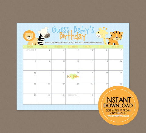 Safari Guess Baby's Birthday Shower Game - EDITABLE INSTANT DOWNLOAD - Jungle Baby Shower Games, Safari Animals, Jungle Shower Games