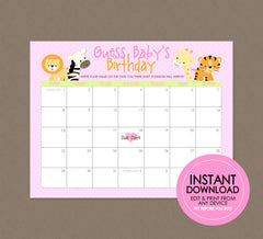 Safari Guess Baby's Birthday Shower Game - EDITABLE INSTANT DOWNLOAD - Jungle Baby Shower Games, Safari Animals, Girl, Pink