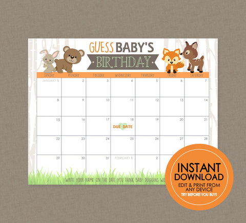 Woodland Guess Baby's Birthday Shower Game - EDITABLE INSTANT DOWNLOAD - Woodland Baby Shower Games, Forest Animals, Little Camper, Fox