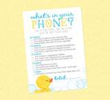 Rubber Duck What's In Your Phone Shower Game - INSTANT DOWNLOAD - Duck Baby Shower Games, Ducky, Whats In Your Phone Game, Duckie