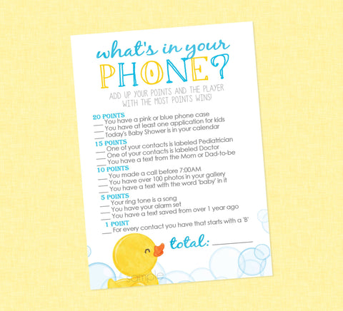 Rubber Duck What's In Your Phone Shower Game - INSTANT DOWNLOAD - Duck Baby Shower Games, Ducky, Whats In Your Phone Game, Duckie