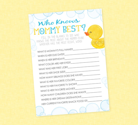 Rubber Duck Who Knows Mommy Best Shower Game - INSTANT DOWNLOAD - Duck Baby Shower Games, Who Knows Mom Best, Rubber Ducky Baby Shower