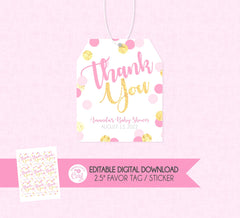 Pink & Gold Thank You Favor Tag - EDITABLE INSTANT DOWNLOAD - Baby Shower, Bridal Shower, Birthday, Baptism, Favor Tags, Blush, Confetti