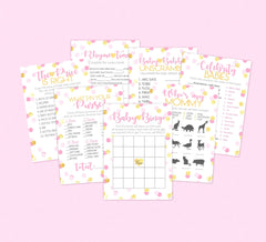 Pink & Gold Baby Shower Games - Party Pack of 7 With Answer Keys - INSTANT DOWNLOAD - Girl Baby Shower Games, Pink, Gold, Confetti, Blush