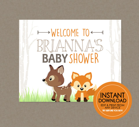 Woodland Baby Shower Party Sign - EDITABLE INSTANT DOWNLOAD - Woodland Welcome Sign, Woodlands, Fox, Little Camper, Deer, Forest Animals