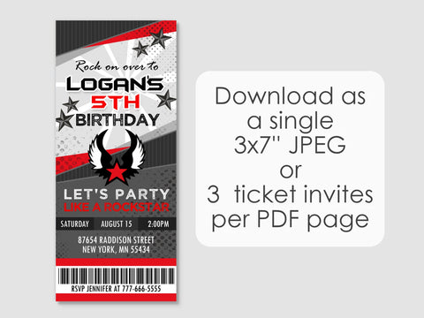 Rockstar Ticket Birthday Invite - EDITABLE INSTANT DOWNLOAD - Rockstar Birthday, Rockstar Party Invitation, Rock Star, Ticket, Red, Boy