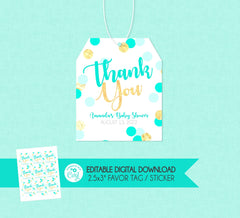 Teal & Gold Confetti Thank You Favor Tag - EDITABLE INSTANT DOWNLOAD - Baby Shower, Bridal Shower, Birthday, Baptism, Mint, Teal Blue, Aqua