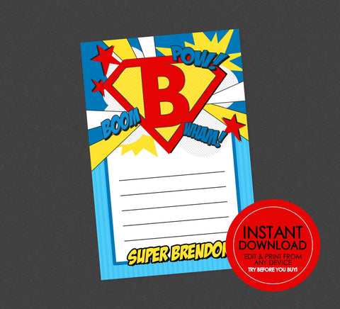 Superhero Birthday Thank You - EDITABLE INSTANT DOWNLOAD - Superhero Emblem, Thank You Card, Super Hero, Thank You Notes, Superhero Birthday