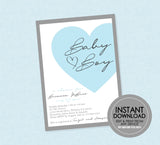 Sweet Elegant Baby Boy Shower Invite - EDITABLE INSTANT DOWNLOAD - Boy Baby Shower Invites, Blue Baby Shower, Modern, Heart, Baby Boy, Grey