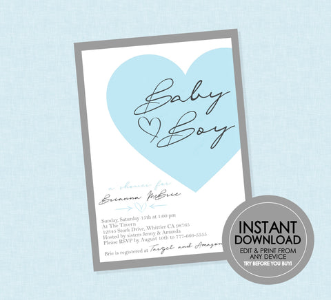 Sweet Elegant Baby Boy Shower Invite - EDITABLE INSTANT DOWNLOAD - Boy Baby Shower Invites, Blue Baby Shower, Modern, Heart, Baby Boy, Grey