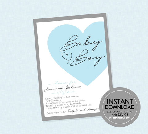 Sweet Elegant Baby Boy Shower Invite - EDITABLE INSTANT DOWNLOAD - Boy Baby Shower Invites, Blue Baby Shower, Modern, Heart, Baby Boy, Grey