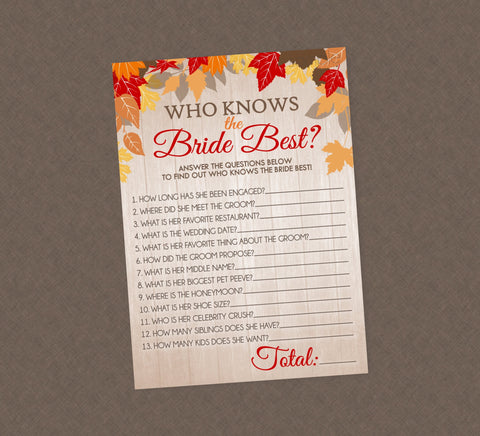 Who Knows the Bride Best Shower Game - INSTANT DOWNLOAD - Fall Bridal Shower Games, Fall in Love, Who Knows the Bride, How Well Do You